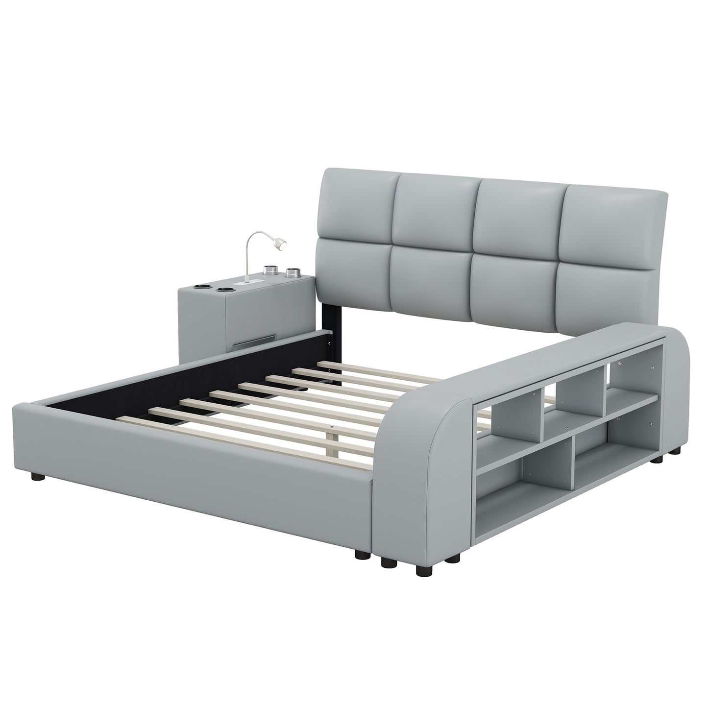 Queen Size Upholstered Platform Bed with Multimedia Nightstand and Storage Shelves, Gray