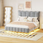 Queen Size Velvet Platform Bed with LED Frame and Stylish Mental Bed Legs, Gray