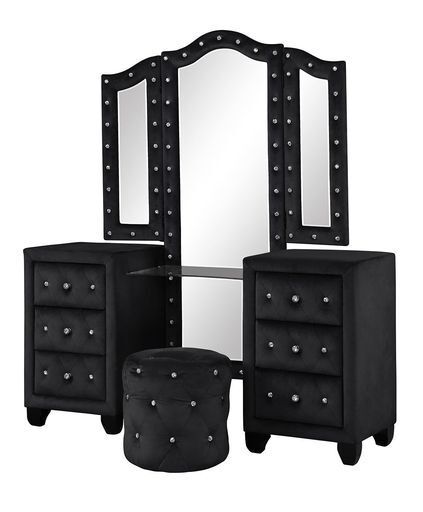 Ensemble de chambre à coucher King 4 pièces avec coiffeuse et rembourrage en bois noir