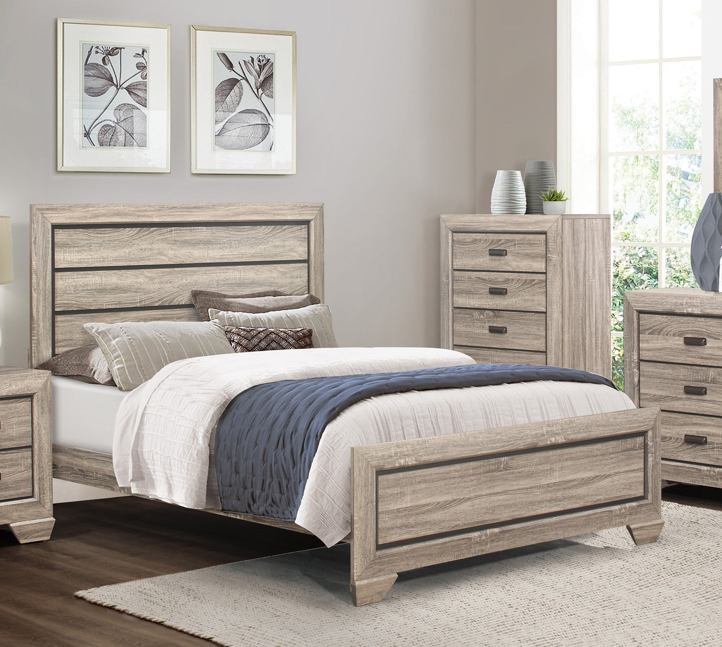 Natural Finish Contemporary Design 1pc Queen Size Bed Dark Under-Paneling Wooden Bedroom Furniture