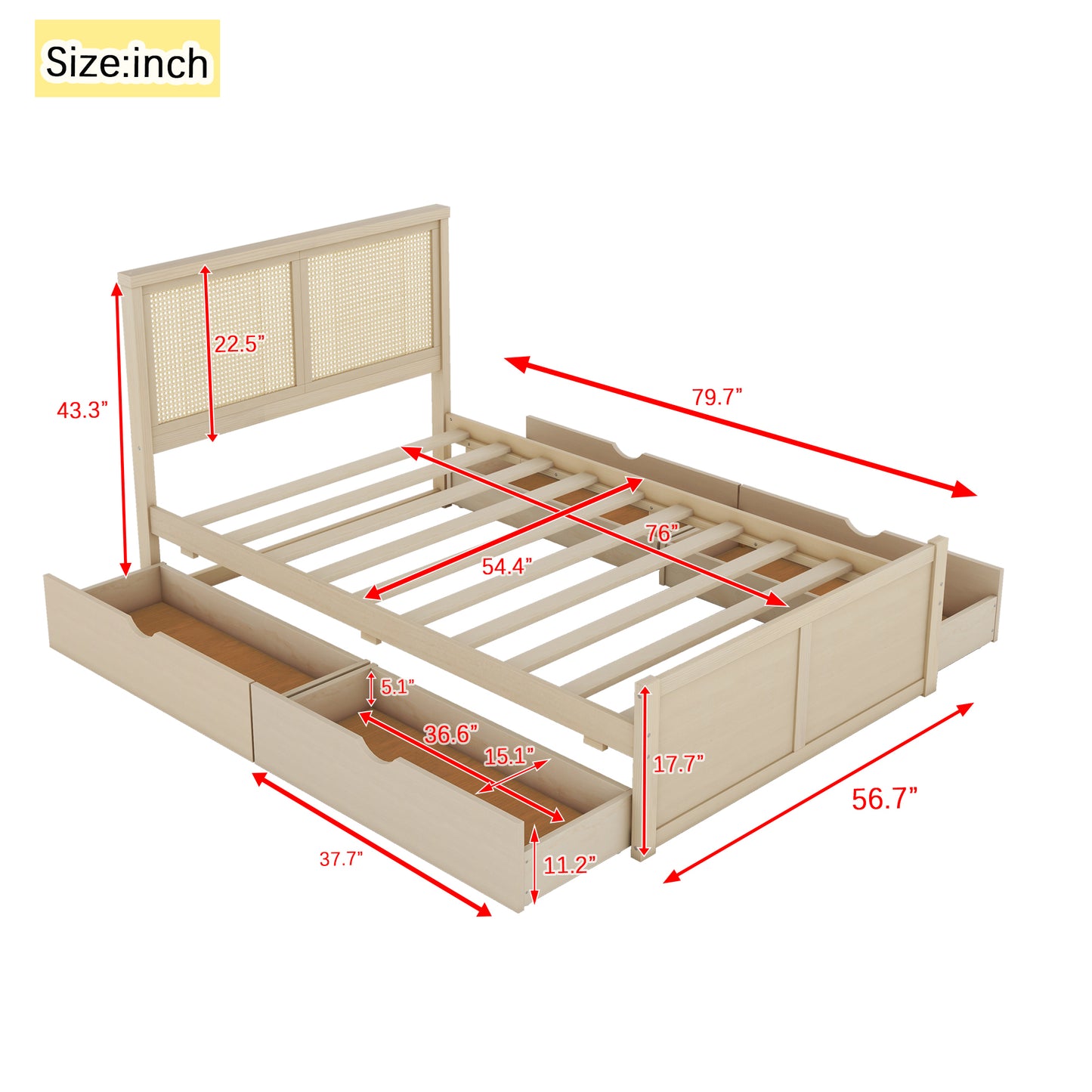 Lit plateforme de rangement en bois pleine grandeur avec 4 tiroirs, tête de lit en rotin, nature