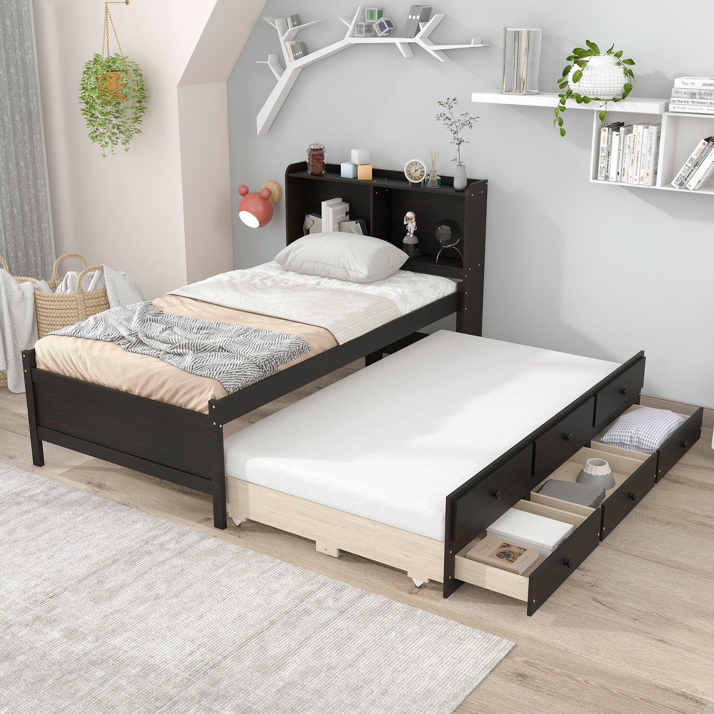 Twin Bed with Bookcase,Twin Trundle,Drawers,Espresso