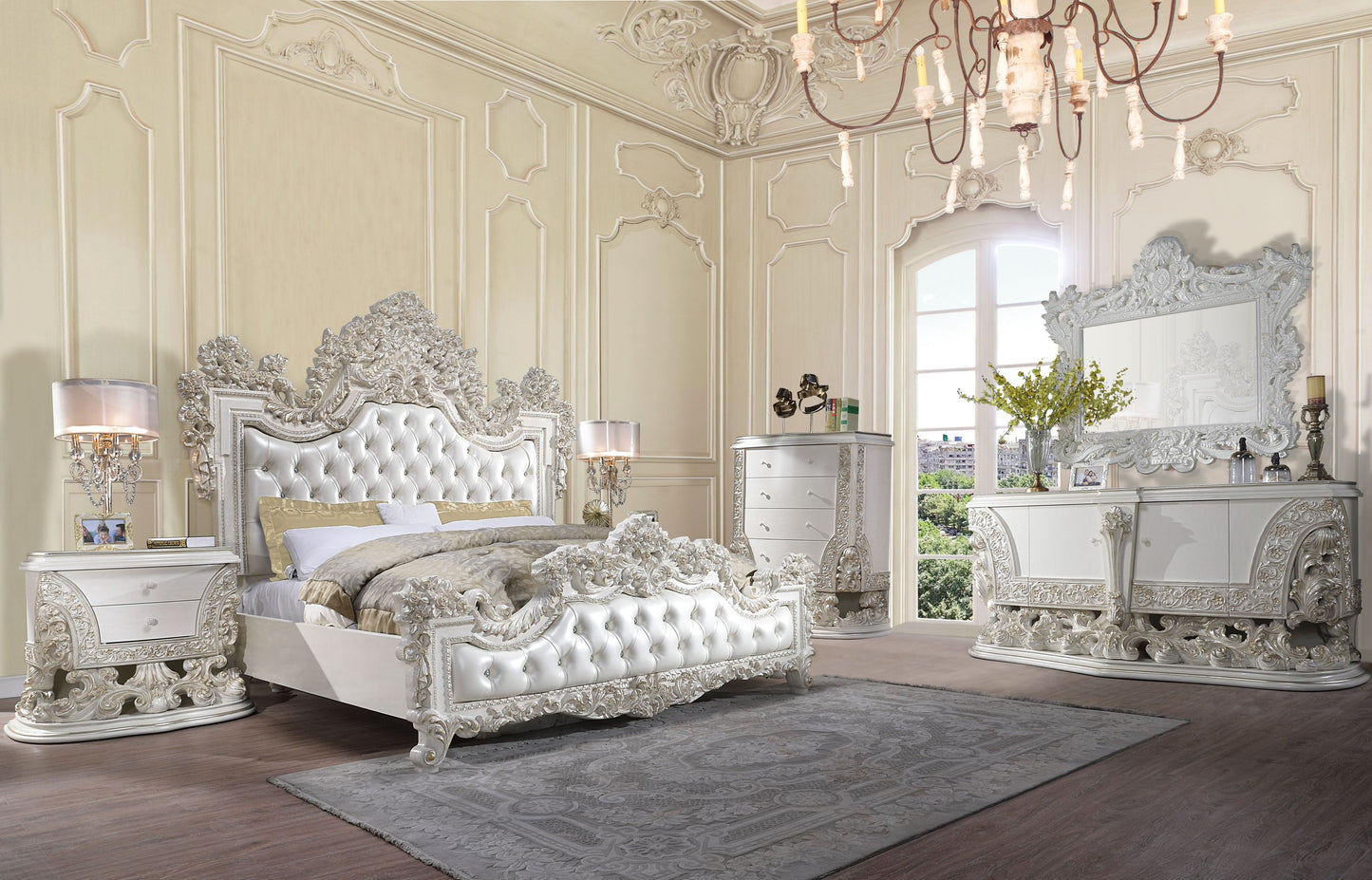 ACME Adara EK BED Pearl White PU & Antique White Finish BD01248EK