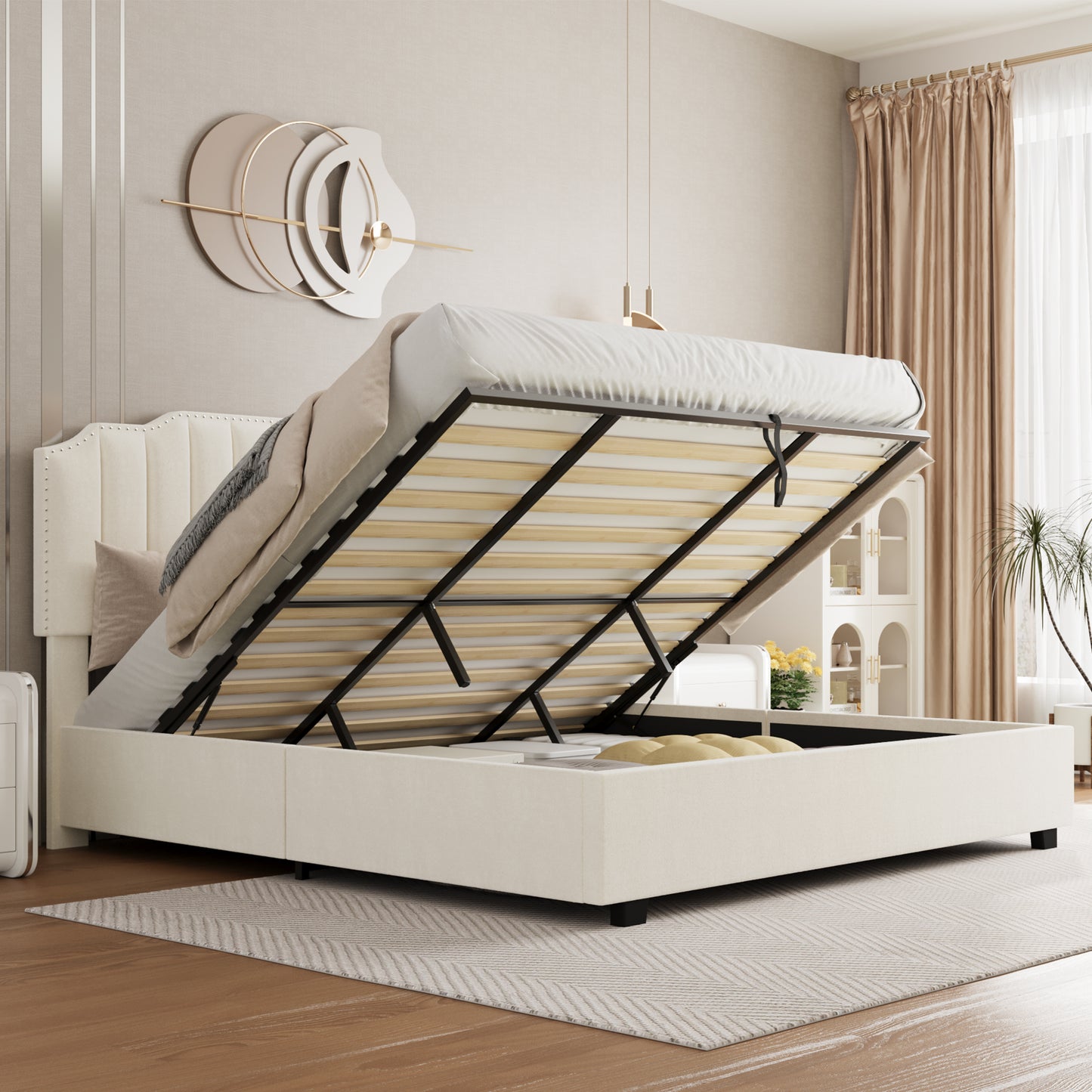 LIFT UP BEIGE VELVET FULL SIZE BED