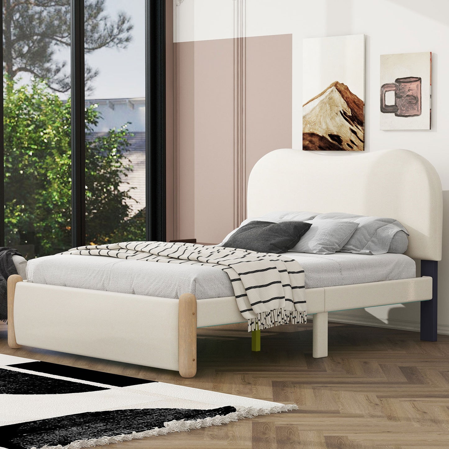 Full Size Upholstered Platform Bed with Wood Supporting Feet, Beige