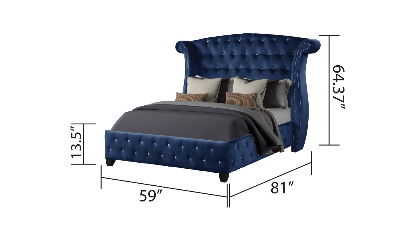 Modern Style Crystal Tufted Full 4 Piece(Includes: Full Size Bed, Nightstand, Dresser, and Mirror) Velvet Fabric Upholstery Bedroom Set Made with Wood in Blue