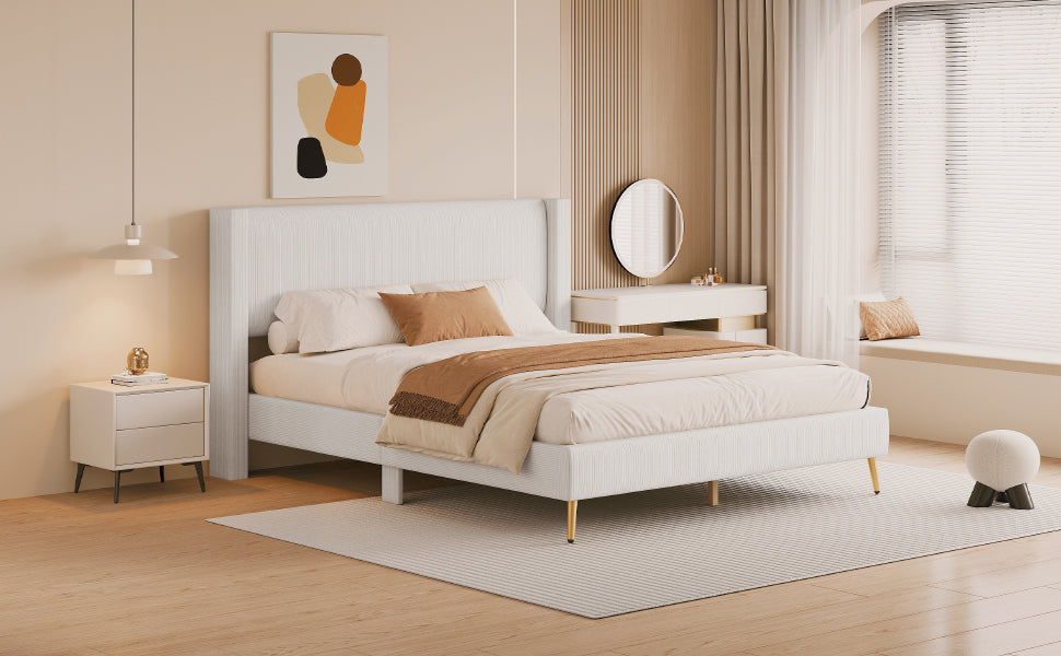 Queen Size Corduroy Platform Bed with Metal Legs, Beige(old sku:WF300238AAA)