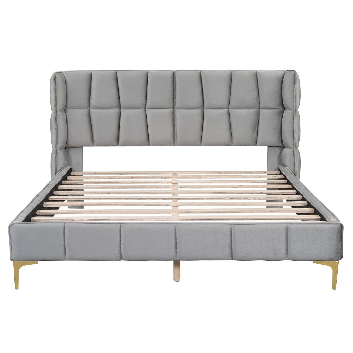 Queen Size Upholstered Velvet Platform Bed, Gray