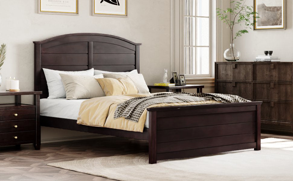 Farmhouse Wooden Platform Full Size Bed with Curl Design Headboard and Footboard for Teenager, Espresso