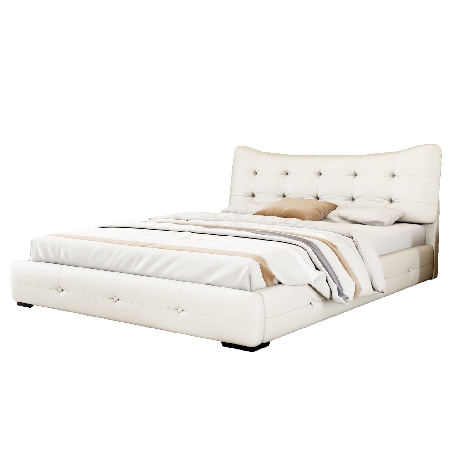 Modern PU Upholstered Queen Bed with Ergonomic Wingback Headboard, No Box Spring Needed, Cream