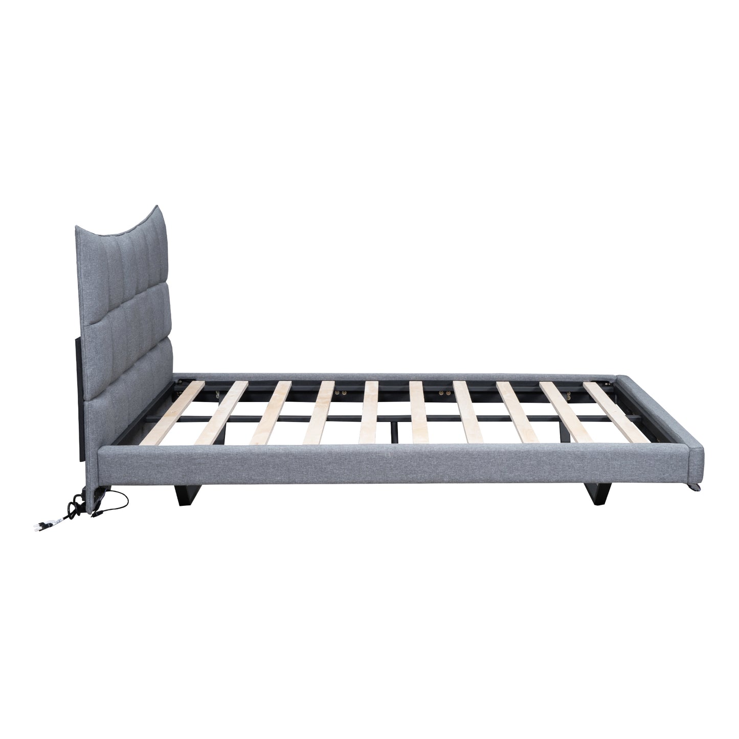 Full Size Upholstered Platform Bed with LED Lights,USB Ports and Outlets,Linen Fabric,Gray