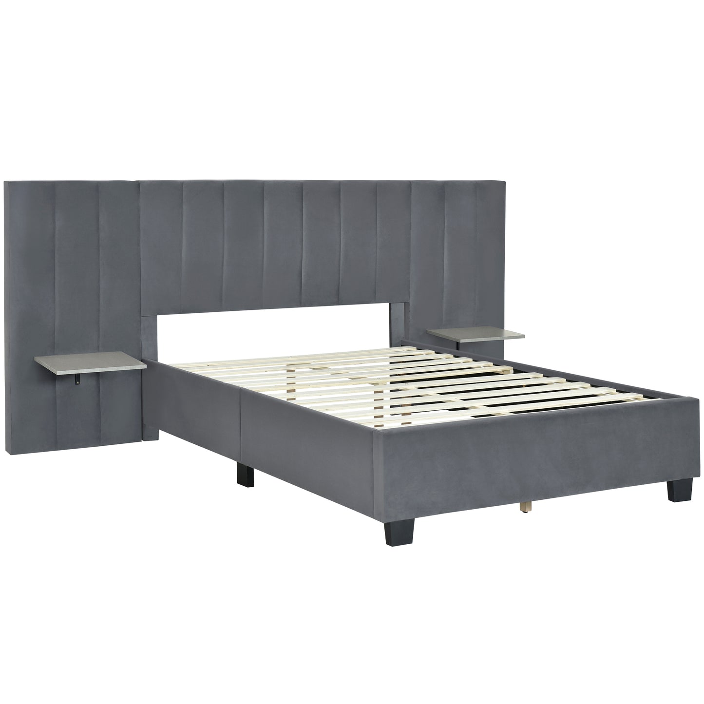 Full Size Upholstered Platform Bed with Big Headboard, Bedroom Furniture, Velvet, Gray