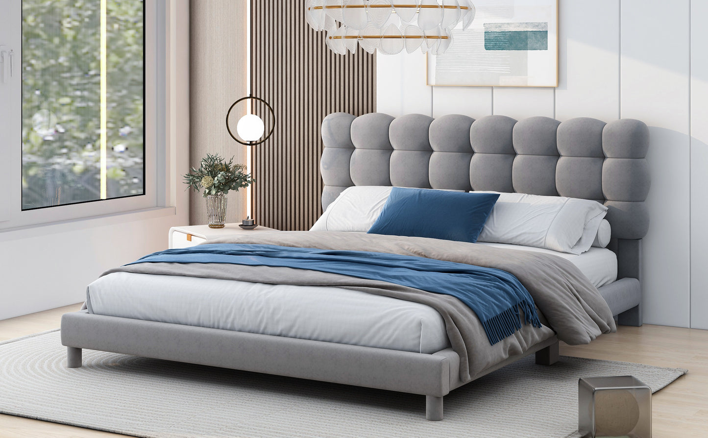 Full Size Upholstered Platform Bed with Soft Headboard,Gray