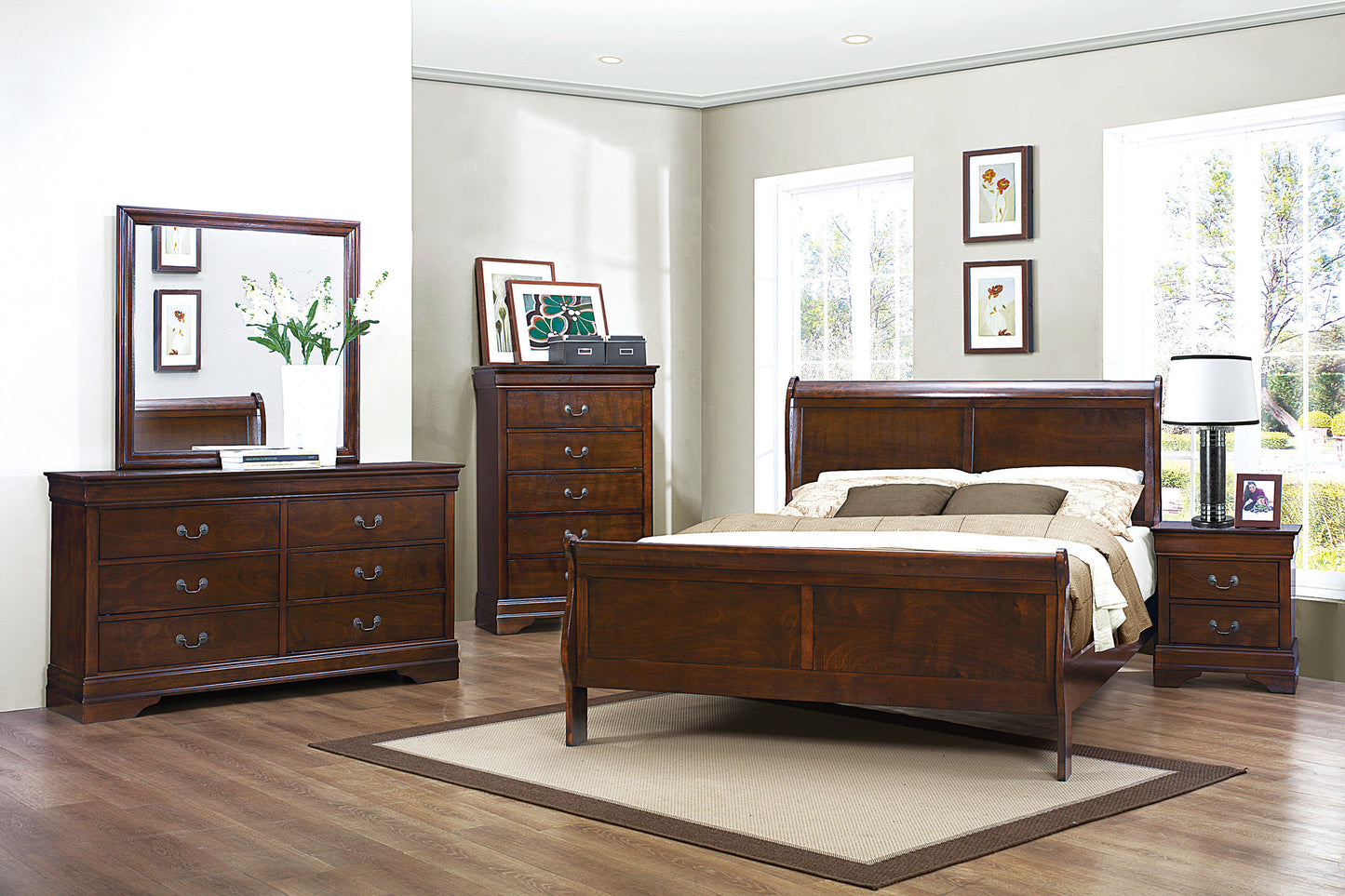 Classic Louis Philipe Style Eastern King Bed Brown Cherry Finish 1pc Traditional Design Bedroom Furniture Sleigh Bed