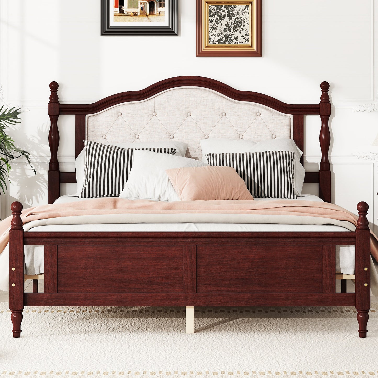 Queen Pine wooden Bed with Upholstered Headboard  and Panel Footboard, with  Two Bed Rail Support Feet and Central Platform Support Feet ,Classic Cherry