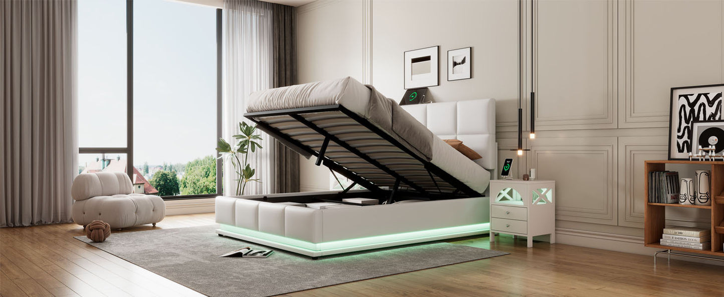 Full Size Tufted Upholstered Platform Bed with Hydraulic Storage System,PU Storage Bed with LED Lights and USB charger, White