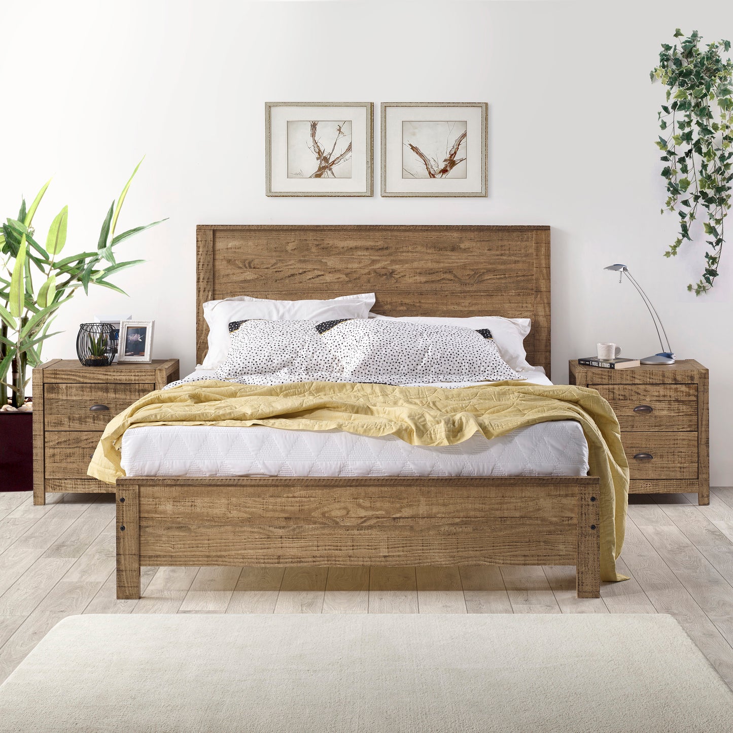 Albany Juego de cama completo de 3 piezas, marco de cama de madera maciza resistente con mesita de noche, juego de 2, nogal