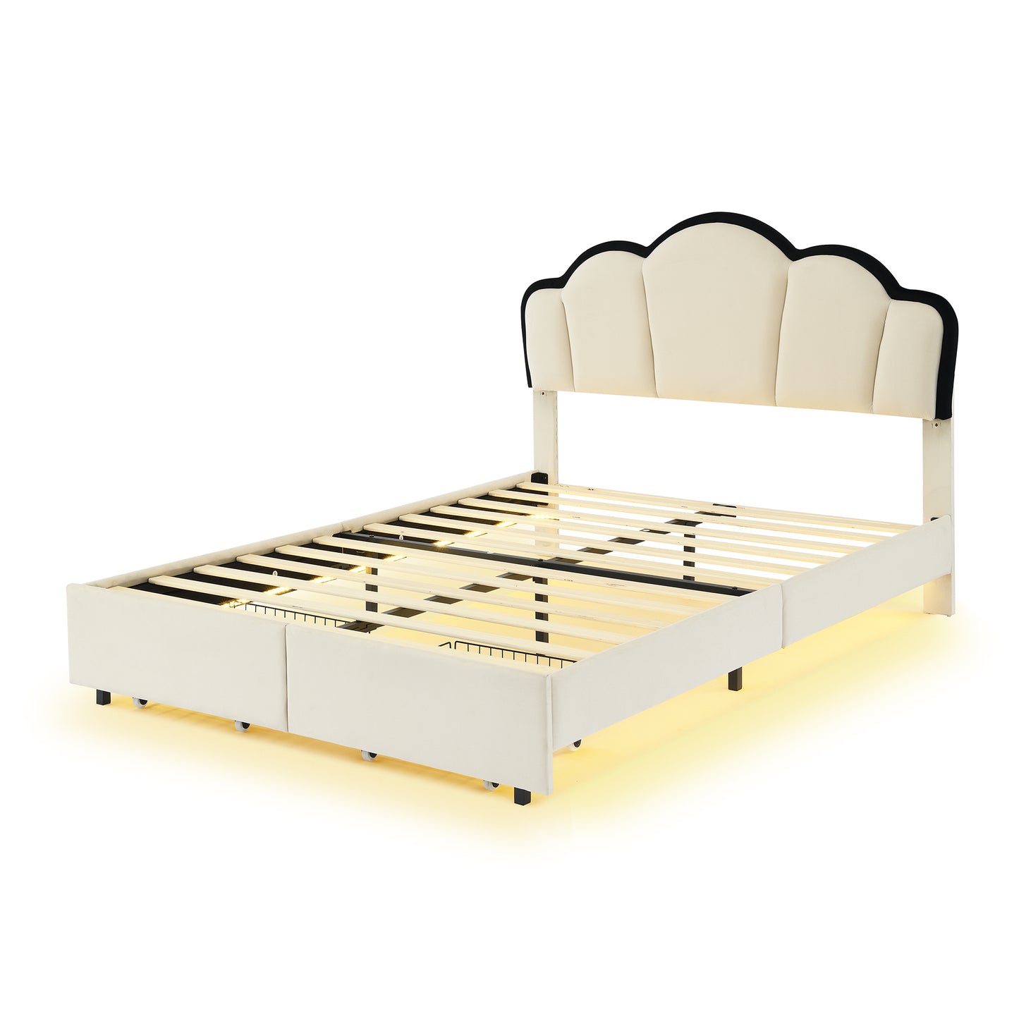 Full Size Upholstered Princess Platform Bed with LED and 2 Storage Drawers, Beige