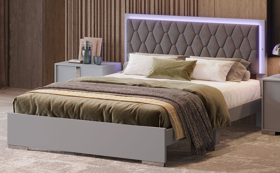 Queen Size Upholstered Bed with LED Lights,Modern Platform Bed with Velvet Headboard,Grey