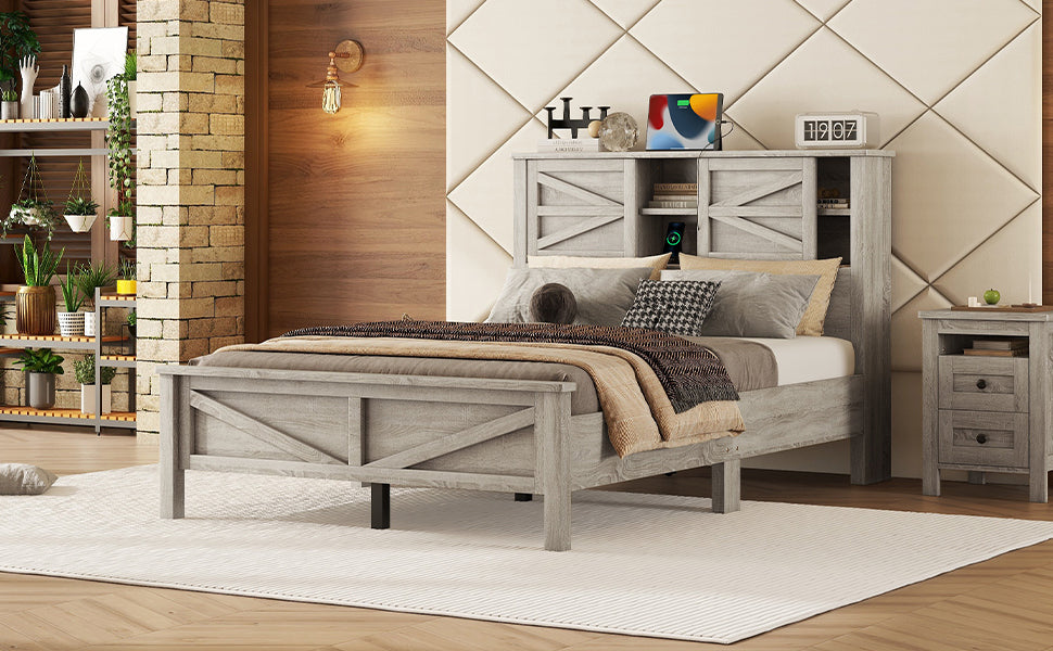 Farmhouse Platform Bed with Double Sliding Barn Door, Full Size Rustic Wood Bed with
Charging Station, Wood Slats Support, Antique Gray