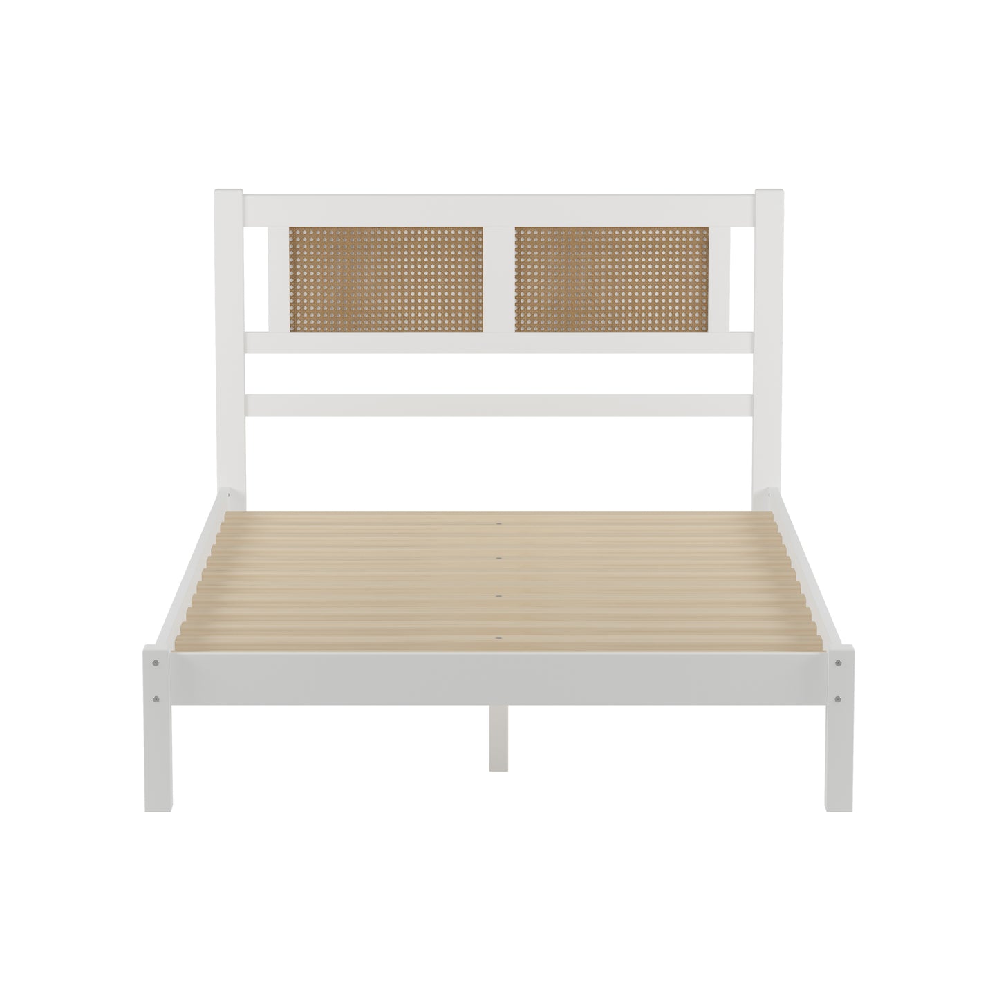 3-Pieces Bedroom Sets Full Size Wooden Platform Bed with Natural Rattan Headboard, Nightstands Set of 2 with Rattan-Woven Surfaces and Three Drawers for Bedroom, White