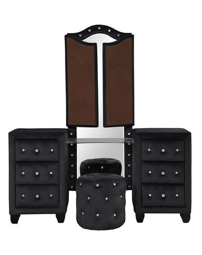 Full 5 Pc Vanity Upholstery Bedroom Set Made With Wood in Black