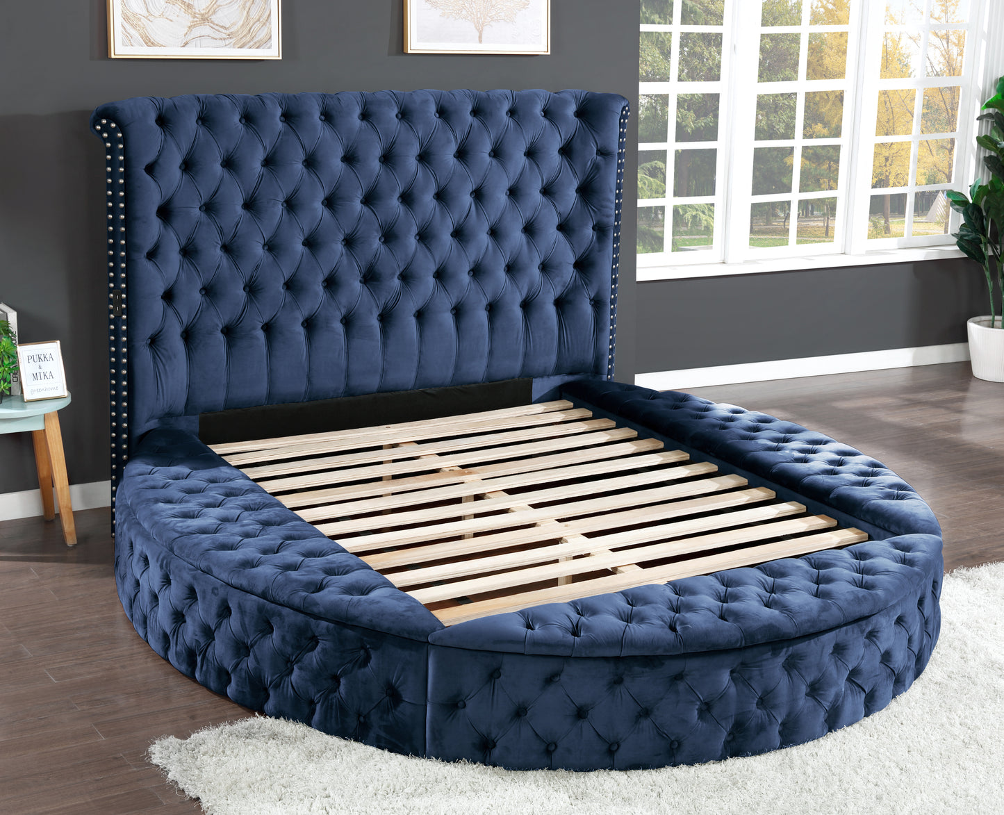 Queen Size Tufted Storage Bed made with Wood in Blue