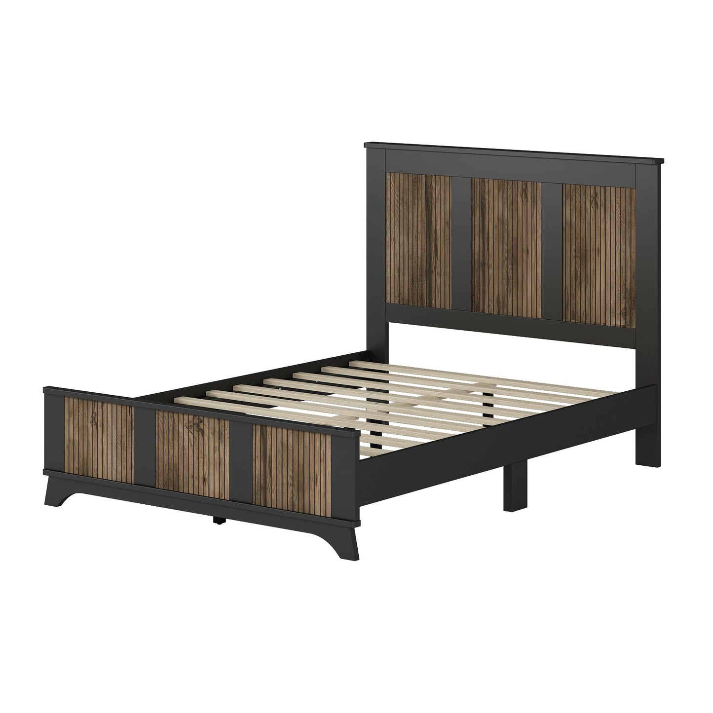 4-Pieces Bedroom Sets, Full Size Farmhouse Platform Bed with Wooden Strip Decoration, Storage Nightstand and Dresser with Metal Handle, Black