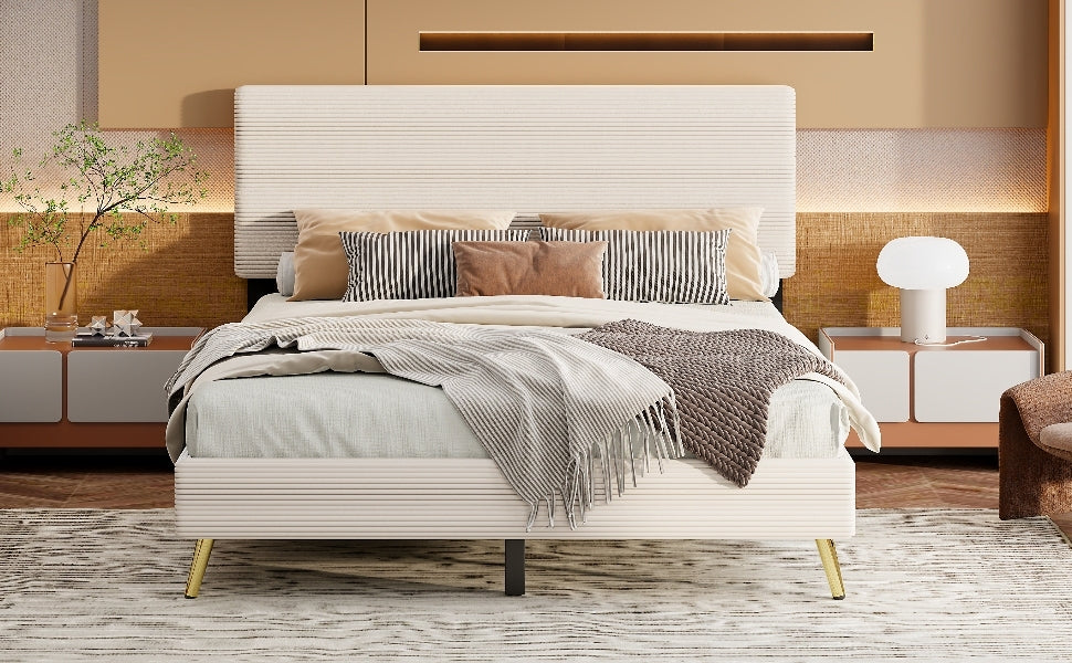 Queen Size Corduroy Upholstered Bed Frame, Platform Bed with Horizontal Stripe Headboard, No Box Spring Needed, Beige