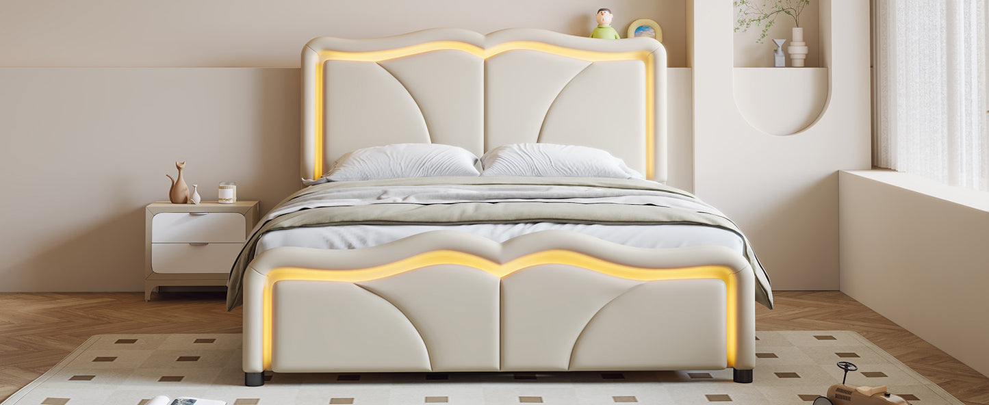 Full Size Upholstered Platform Bed with Curve Shaped and Height-adjustbale Headboard,LED Light Strips,White