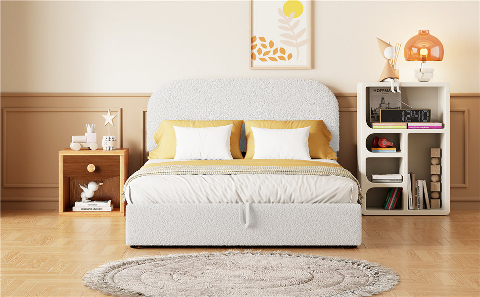 Teddy Fleece Full  Size Upholstered Platform Bed with Hydraulic Storage System, White