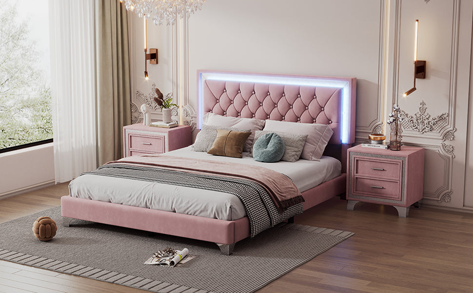 Juego de dormitorio de 3 piezas, cama tamaño queen tapizada con plataforma, luces LED y dos mesitas de noche, color rosa