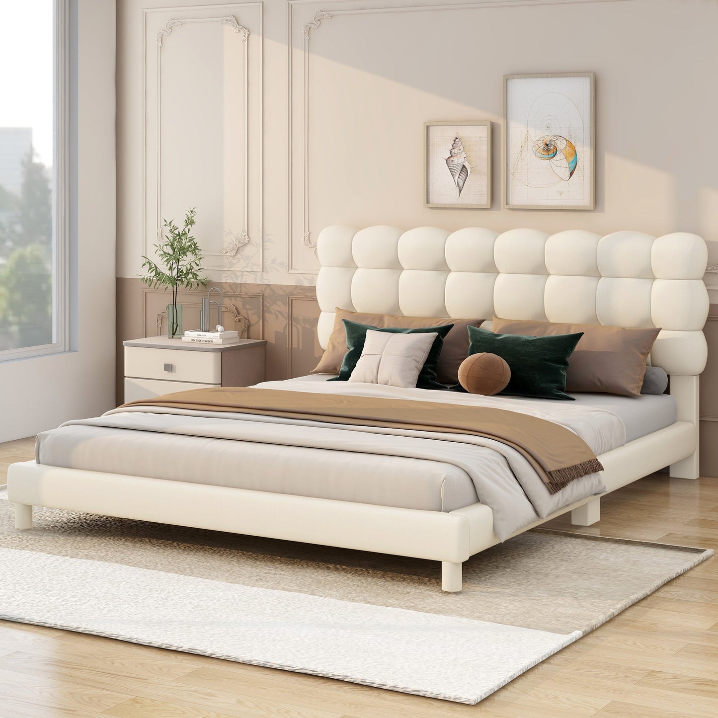 Full Size Upholstered Platform Bed with Soft Headboard,Beige