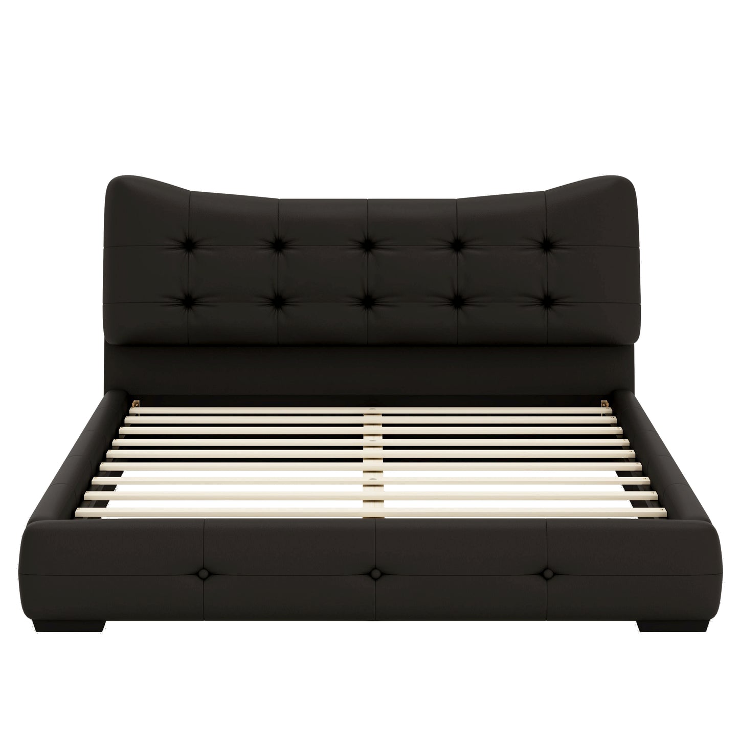 Modern PU Upholstered Queen Bed with Ergonomic Wingback Headboard, No Box Spring Needed, Black