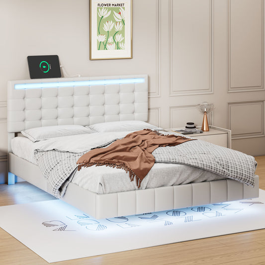 Full Size Floating Bed Frame with LED Lights and USB Charging,Modern Upholstered Platform LED Bed Frame,White(Full)