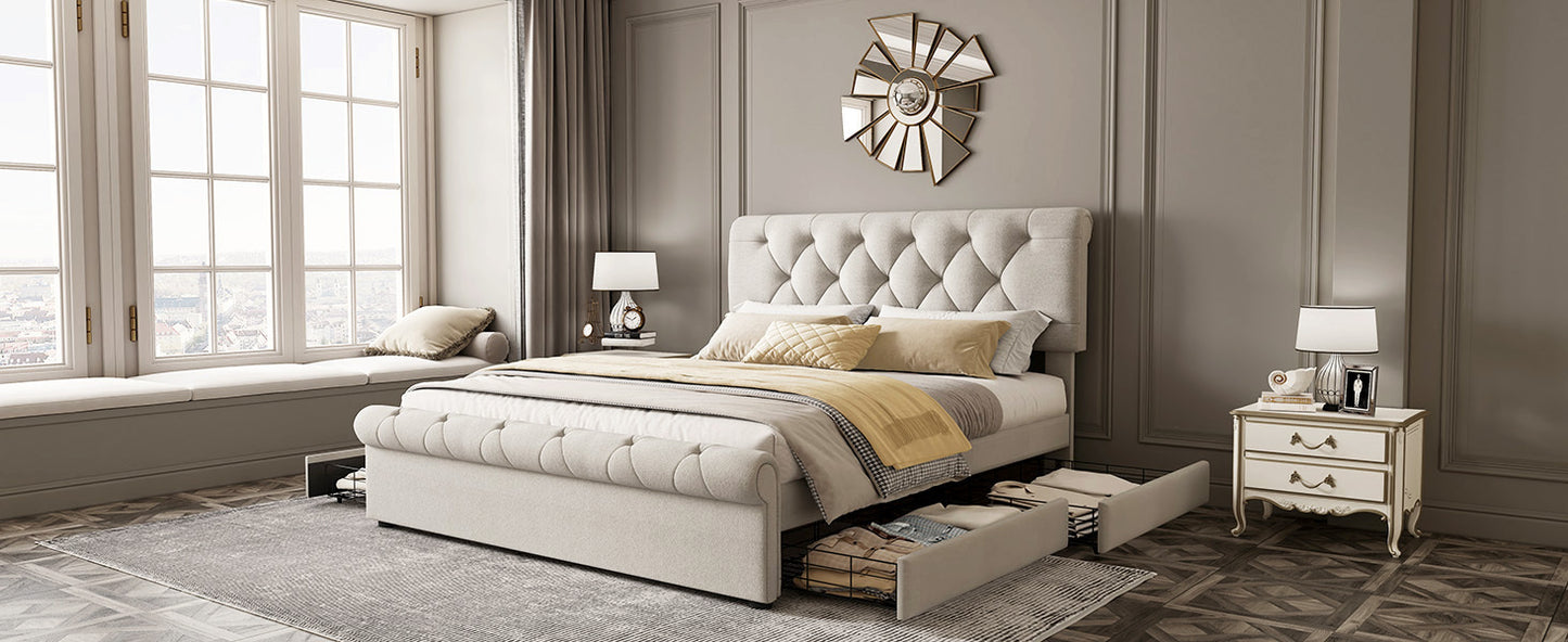 Full size Upholstered Platform bed with Four Drawers, Antique Curved Headboard, Linen Fabric, Beige (without mattress)