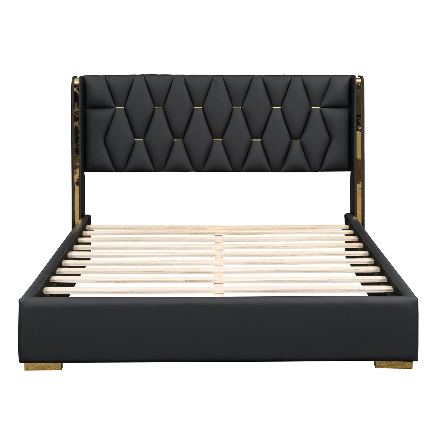 Full Size Upholstered Platform Bed with Metal Strips, Black