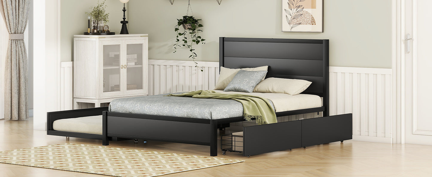 Metal Full Size Storage Platform Bed with Twin Size Trundle and 2 Drawers, Black