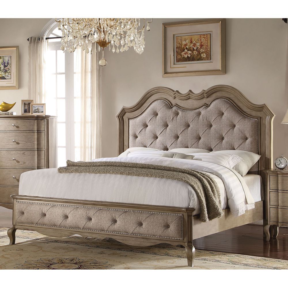 ACME Chelmsford Eastern King Bed in Beige Fabric & Antique Taupe 26047EK