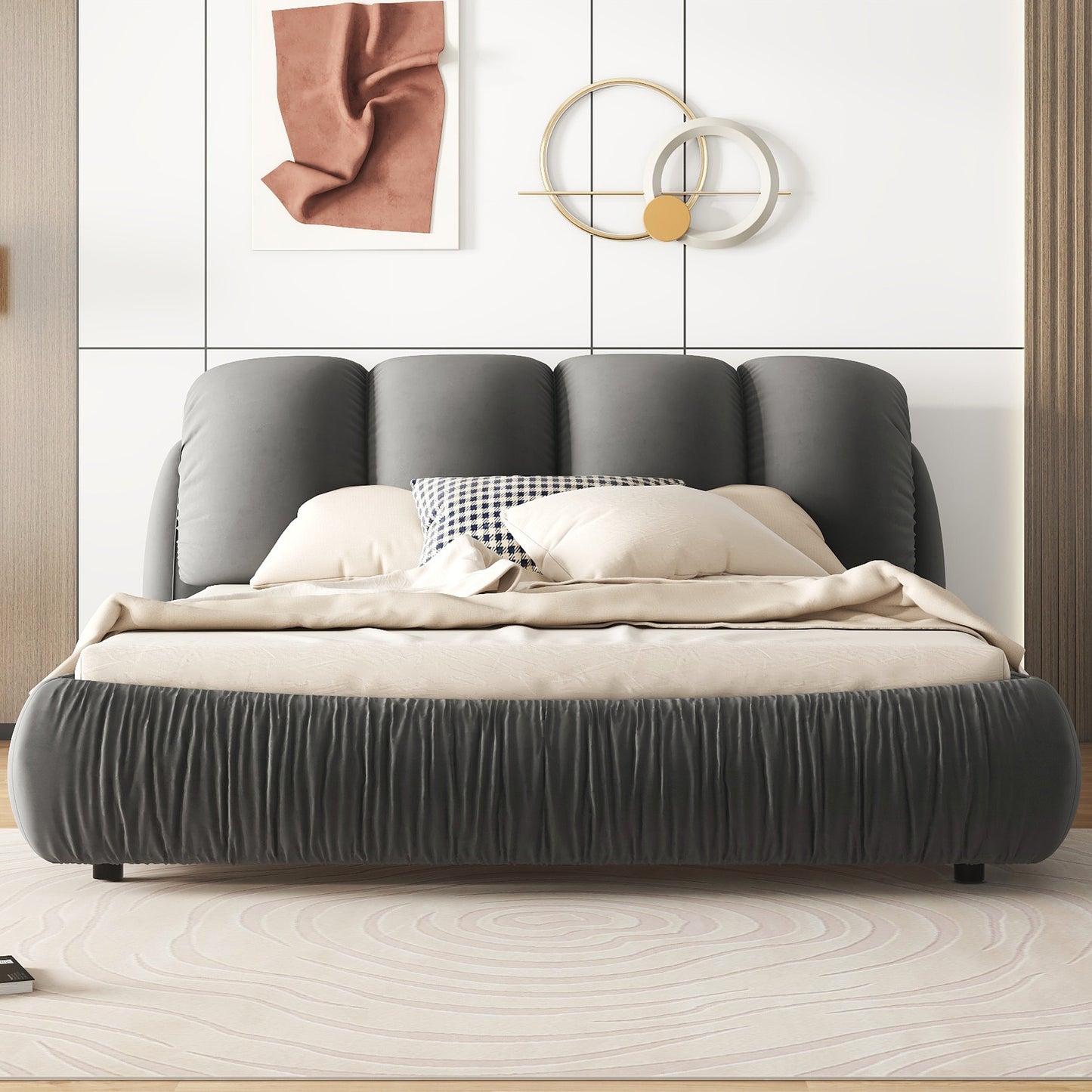 King Size Luxury Upholstered Bed with Thick Headboard, Velvet King Bed with Oversized Padded Backrest, Gray(Expect Arrive date 2024/3/15)