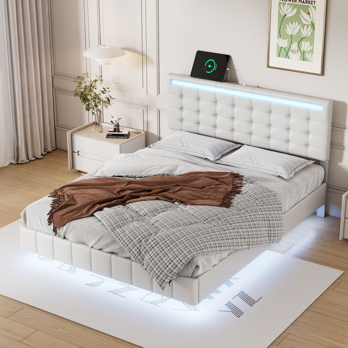 Full Size Floating Bed Frame with LED Lights and USB Charging,Modern Upholstered Platform LED Bed Frame,White(Full)