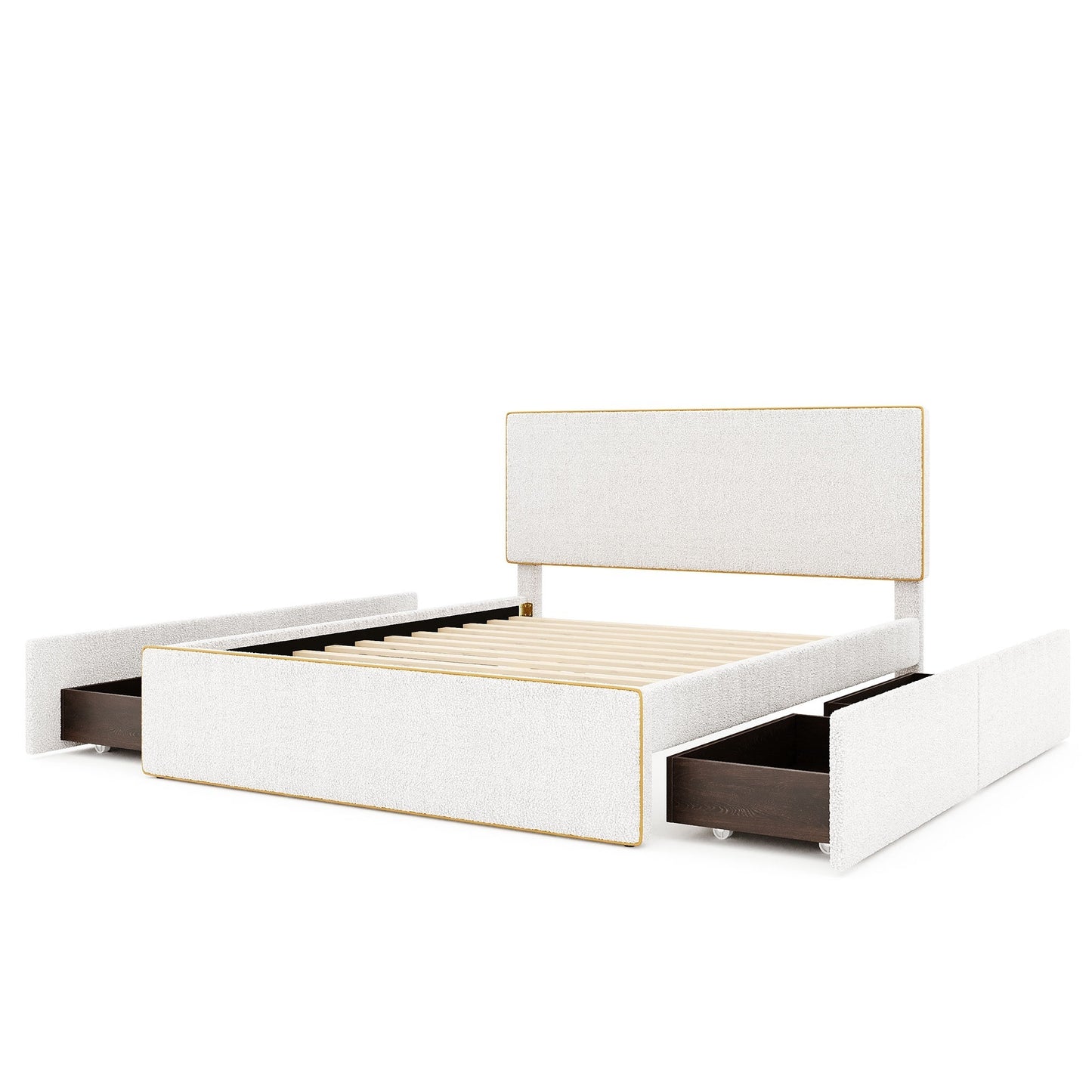 Full Size Upholstered Platform Bed with 4 Drawers and Golden Edge on the Headboard & Footboard, White