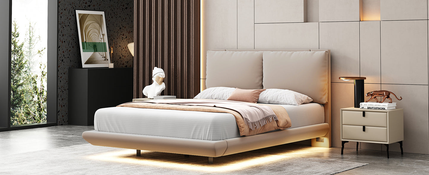 Full Size Upholstered Platform Bed with Sensor Light and 2 Large Backrests, Stylish Platform Bed with 2 sets of USB Port and Socket on each rear Bed Leg, Beige