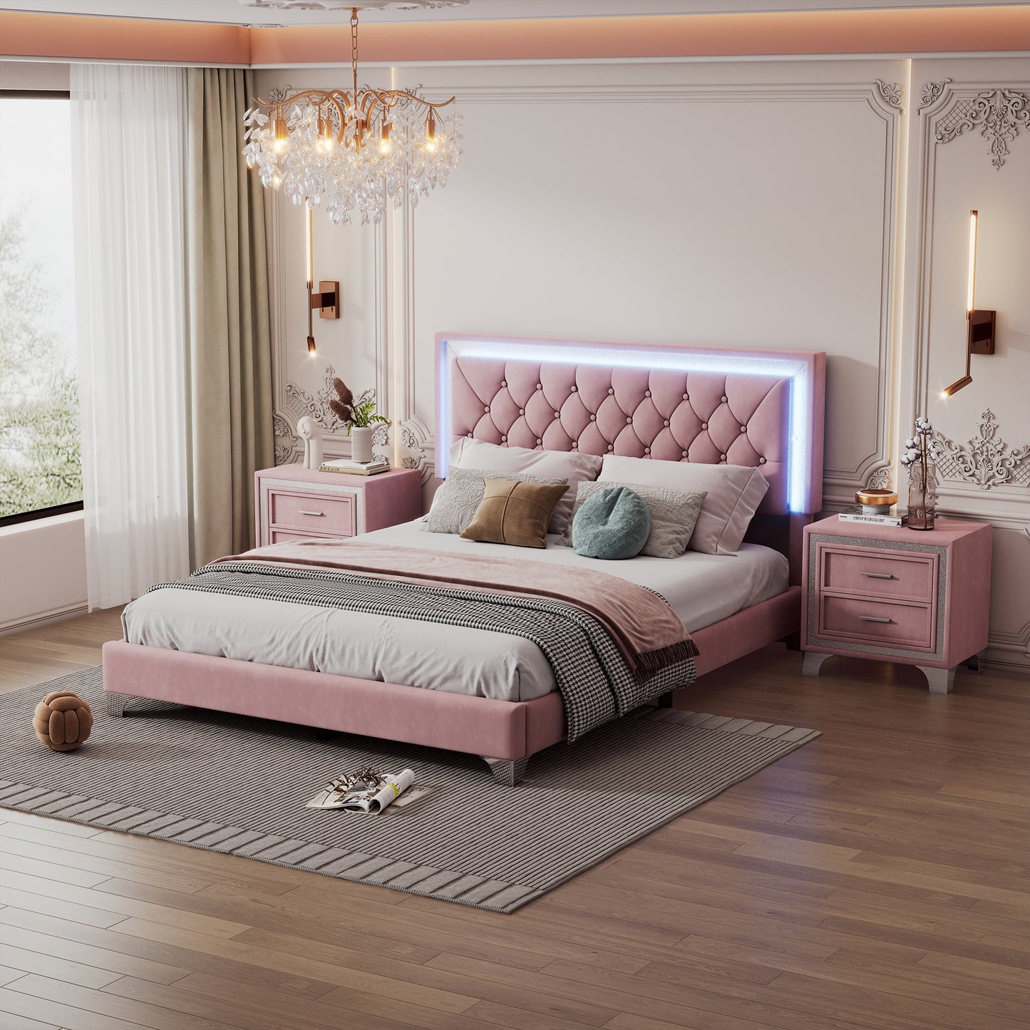 Juego de dormitorio de 3 piezas, cama tamaño queen tapizada con plataforma, luces LED y dos mesitas de noche, color rosa