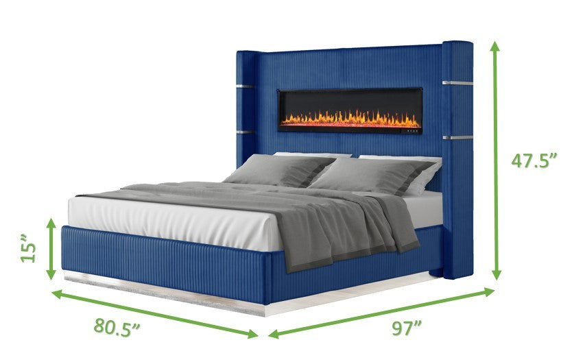 Modern Style Upholstery King 4 Piece(Includes: King Size Bed, Nightstand , Dresser, and Mirror) Fireplace Bedroom Set made with wood in Blue