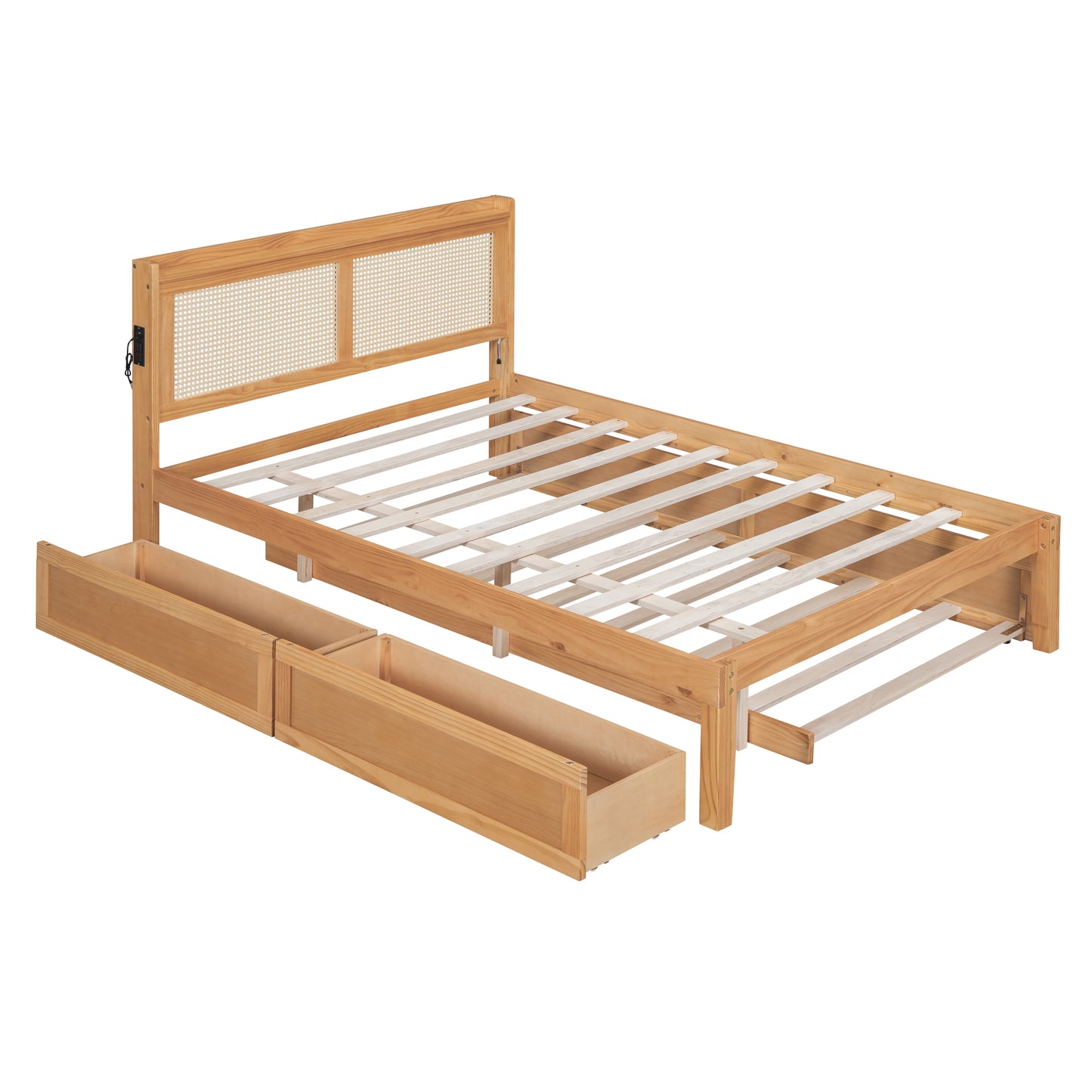 Full Size Elegant Bed Frame with Rattan Headboard and Sockets ,Natural