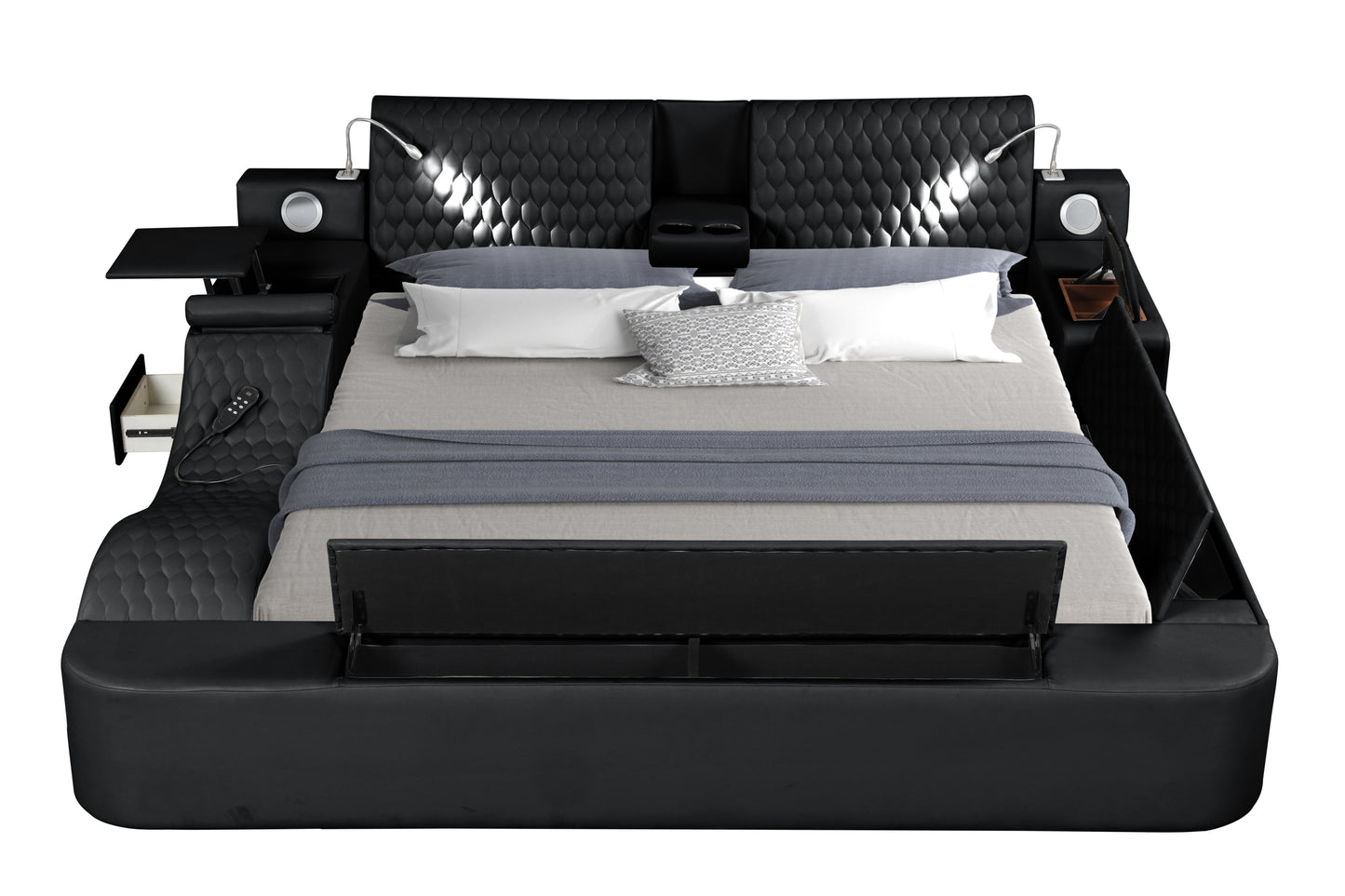 Smart Multifunctional King Size Bed Made with Wood in Black