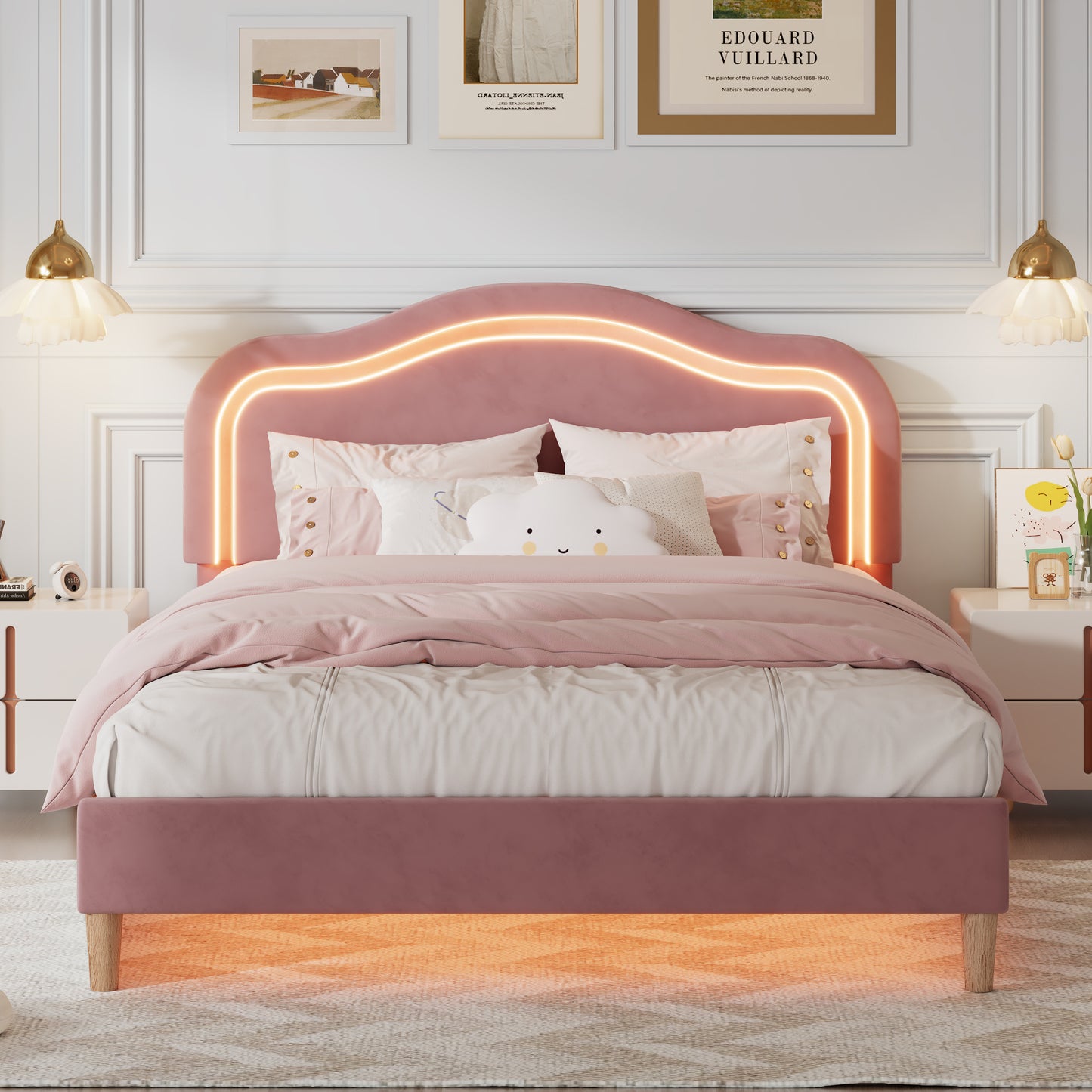 Full Size Velvet Upholstered Smart LED Bed Frame with Adjustable Height Headboard,No Box Spring Needed,Easy Assembly,Pink