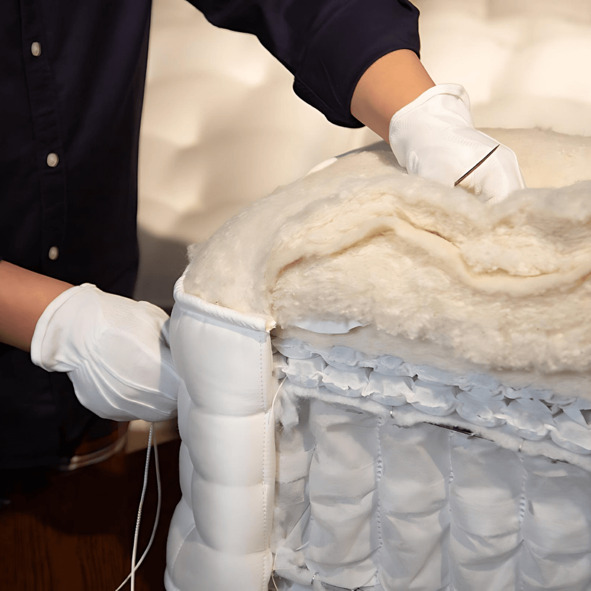 Craftsman handcrafting an English Royal Mattress with natural fillers and pocket springs, showcasing traditional mattress making techniques.
