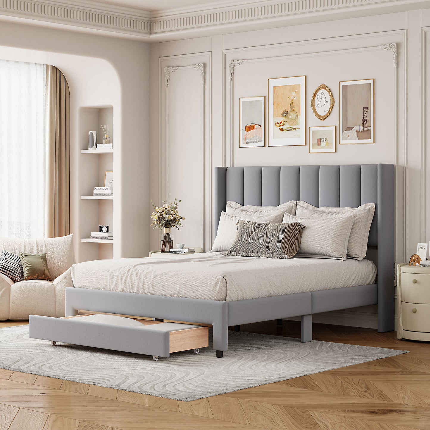 Full Size Storage Bed Velvet Upholstered Platform Bed with a Big Drawer - Gray(old sku:WF296850AAE)